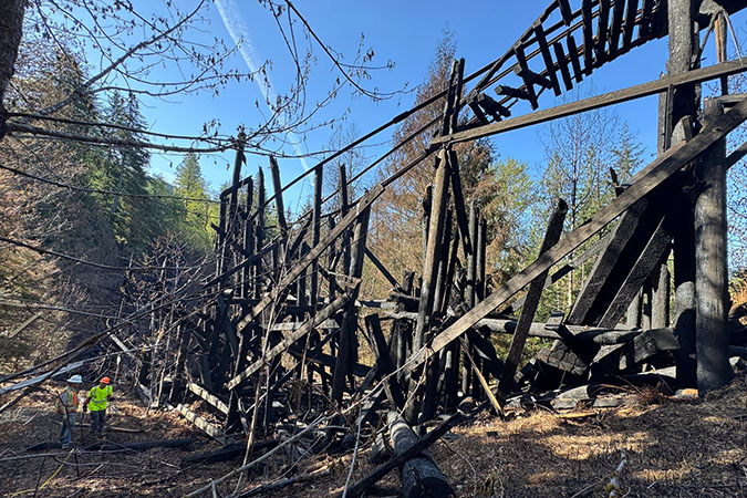 Charred timber and hanging rail are all that remain of the bridge. 